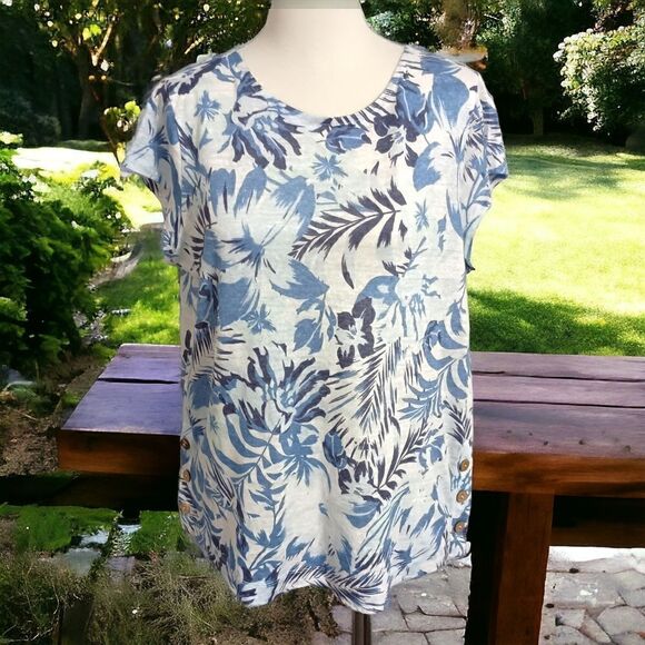 C&C California Linen Top S Floral Blue White Button Detail Cap Sleeve Bohemian. - Picture 12 of 16